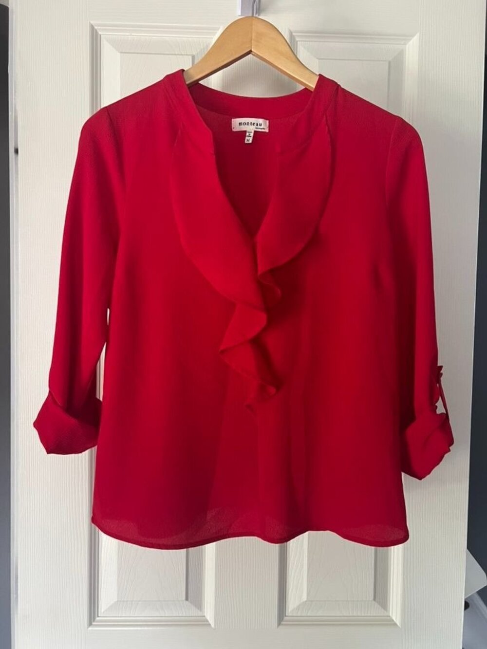 Monteau Womens Medium Red Polyester Ruffled Front Blouse 3/4 Sleeve Button Cuffs